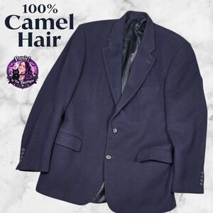 Haspel 100% Camel Hair Blazer Mens 44L Navy Blue 2 Button Sport Coat